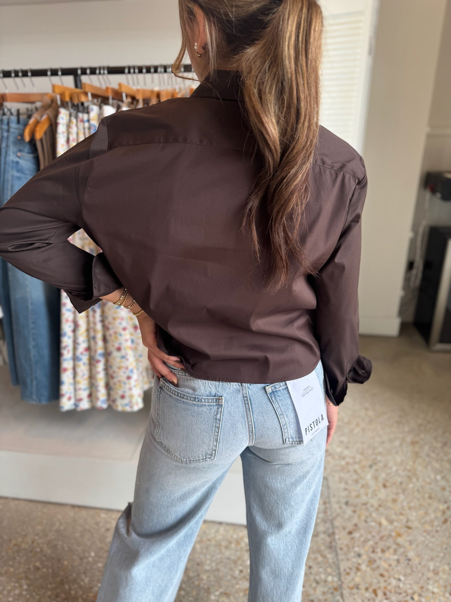 The Long Sleeve Boxy Crop in Brown - Amor Lafayette