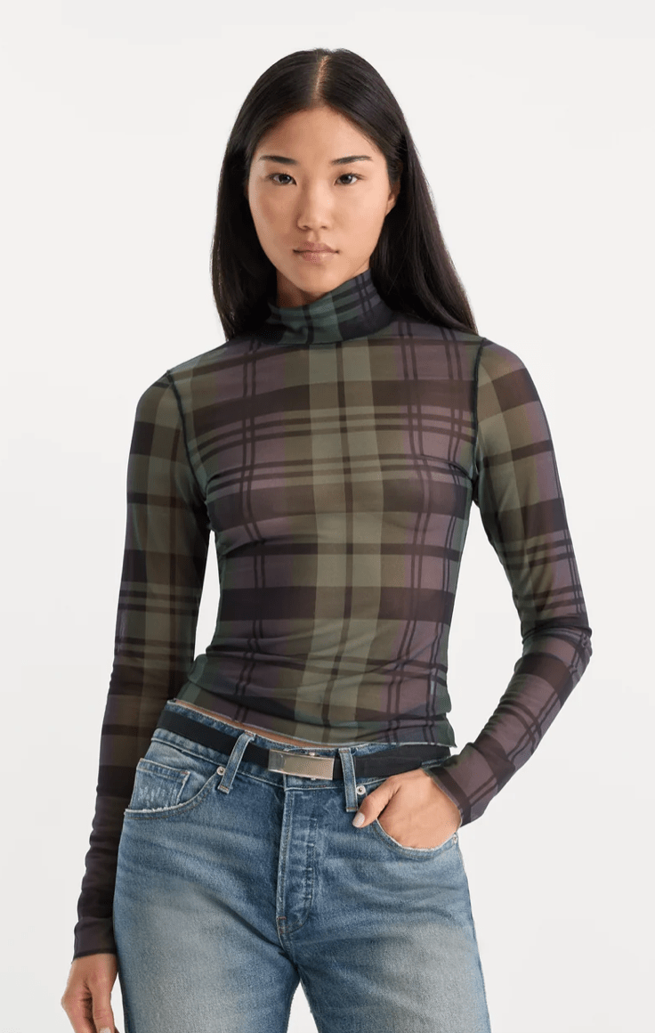 The Mesh Turtleneck in navy and green plaid - Amor Lafayette