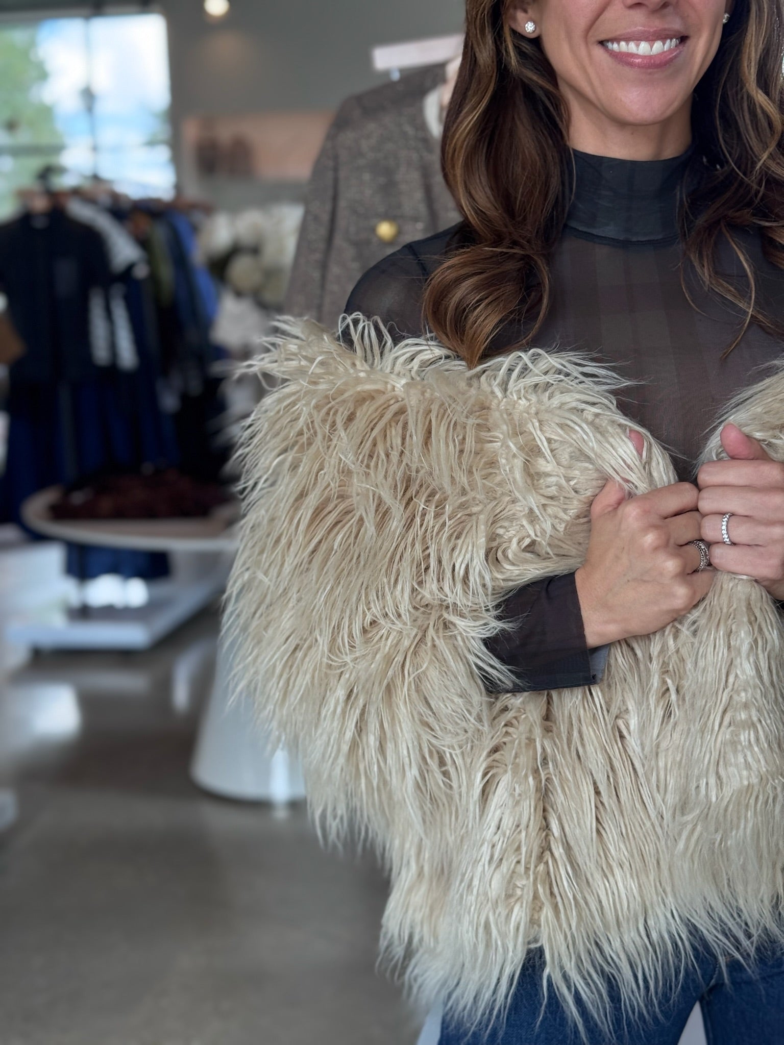 The Mesh Turtleneck in navy and green plaid - Amor Lafayette