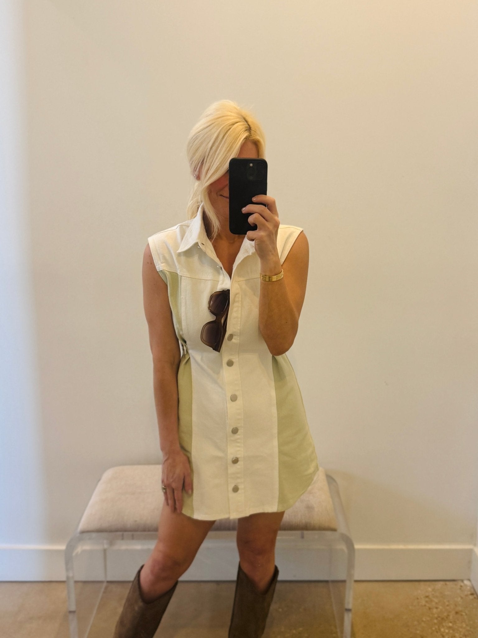 Two Toned Sage Denim Sleeveless Button Up Dress - Amor Lafayette