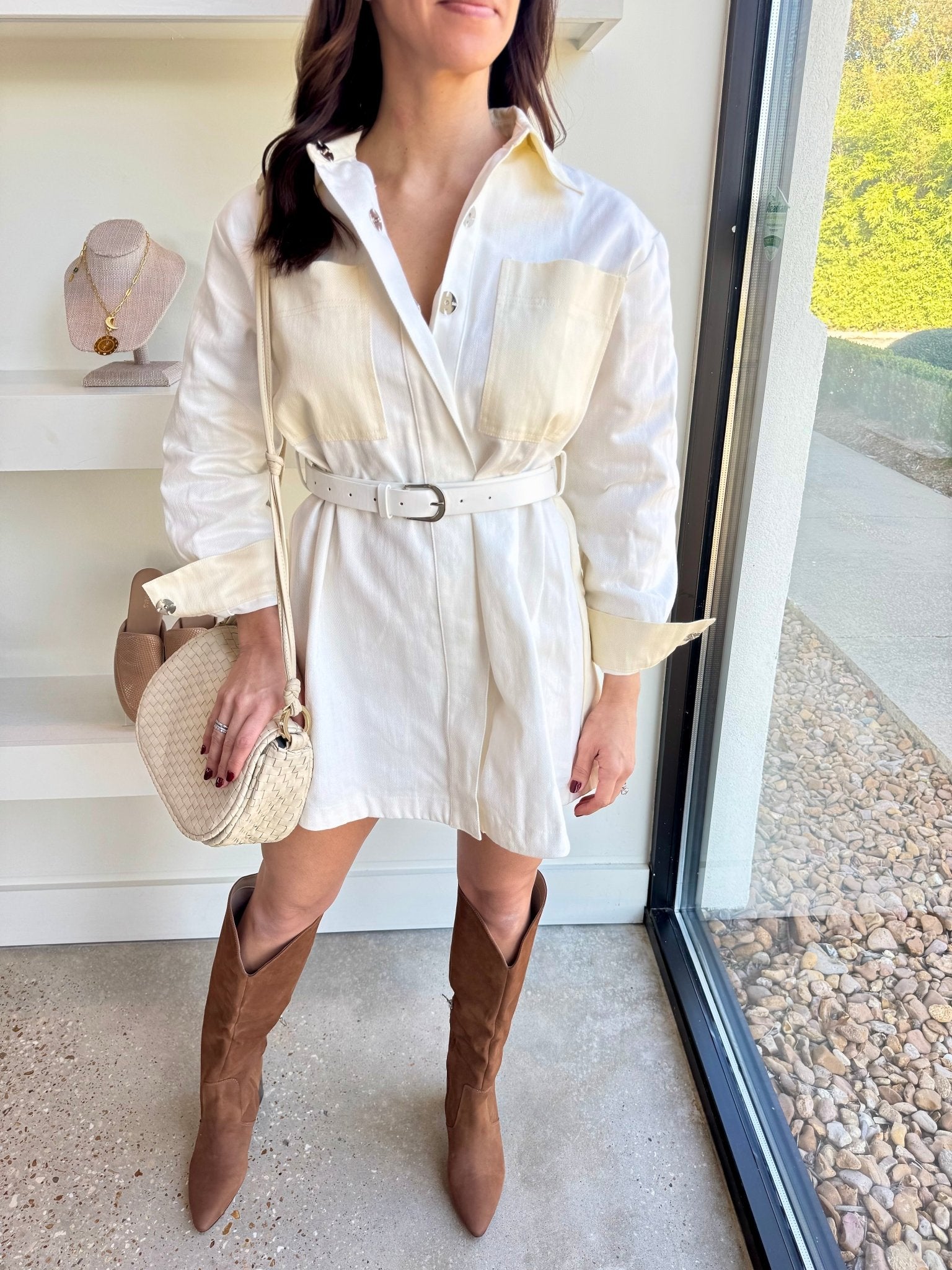 White and Beige Kent Dress - Amor Lafayette