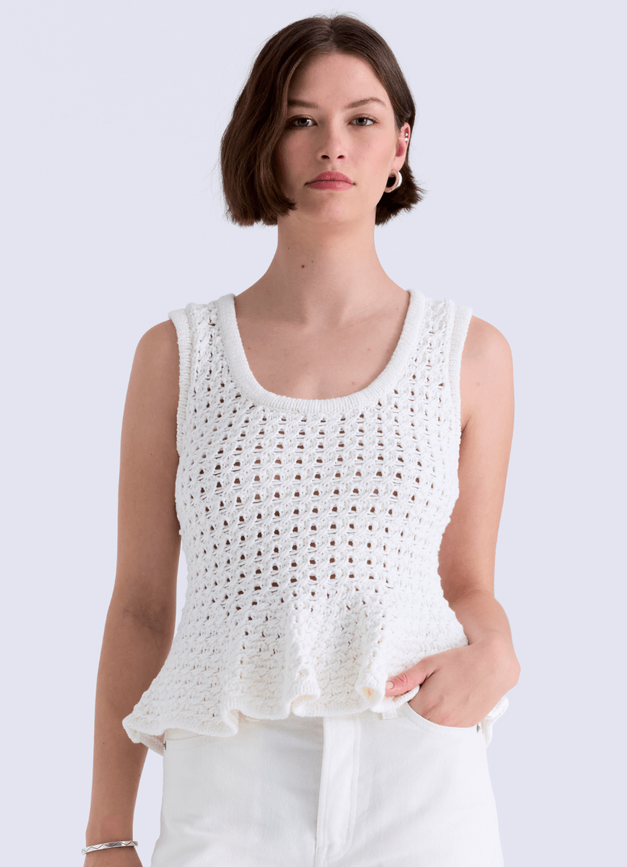 White Anna Peplum Openwork Sweater Tank - Amor Lafayette