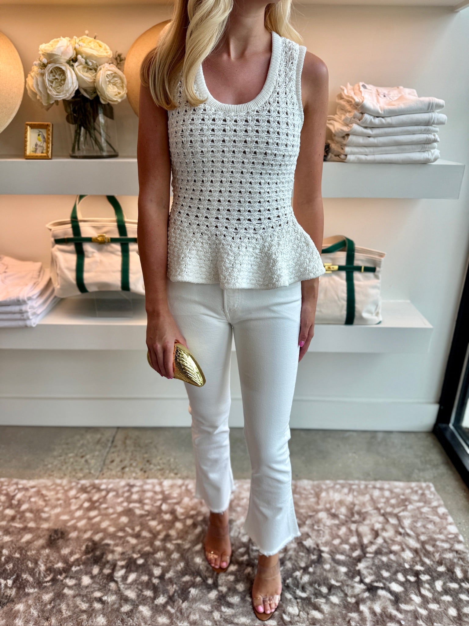 White Anna Peplum Openwork Sweater Tank - Amor Lafayette