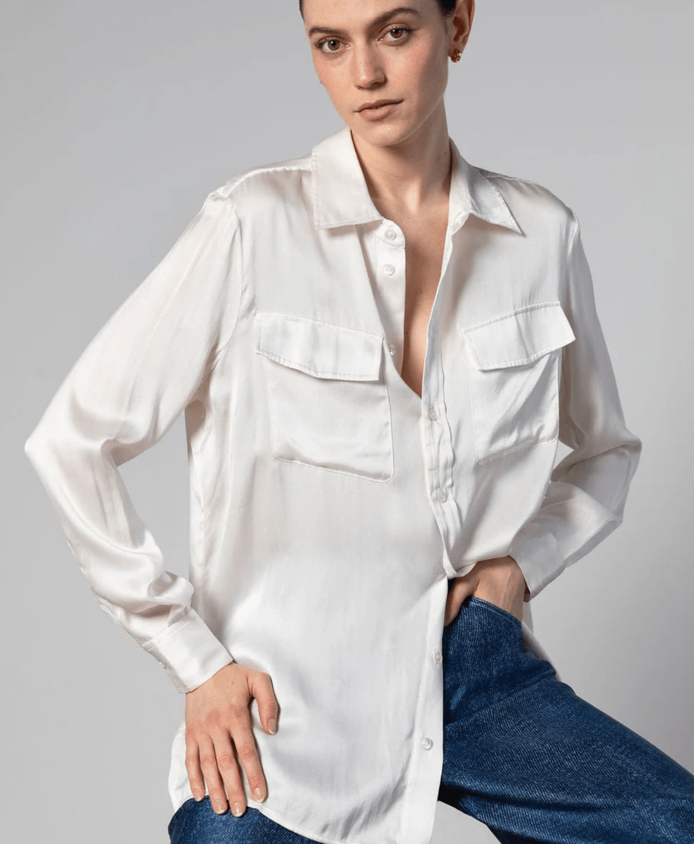 White Boyfriend Silk Utility Shirt - Amor Lafayette