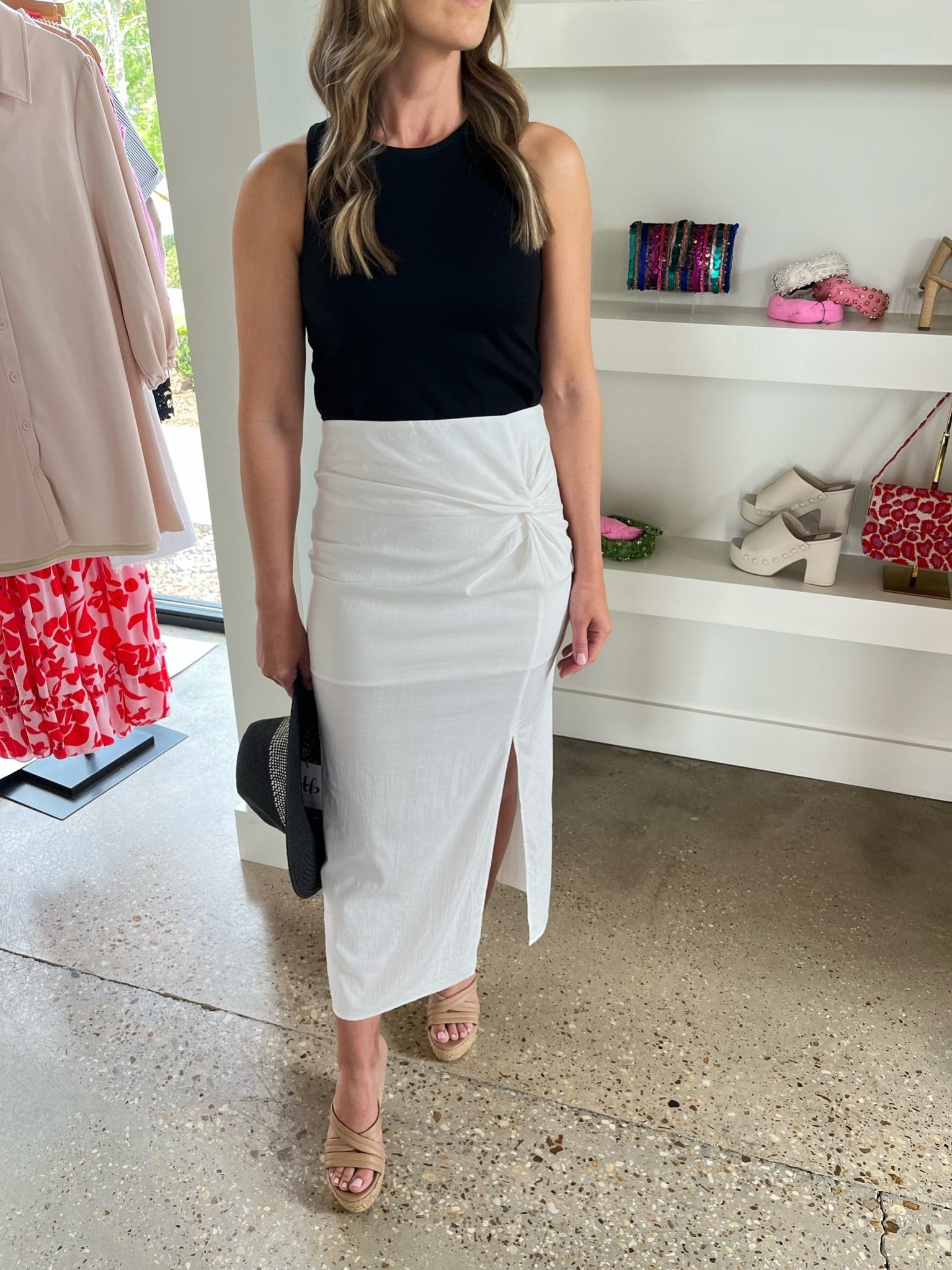 White Carly Knotted Midi Skirt (Final Sale) - Amor Lafayette