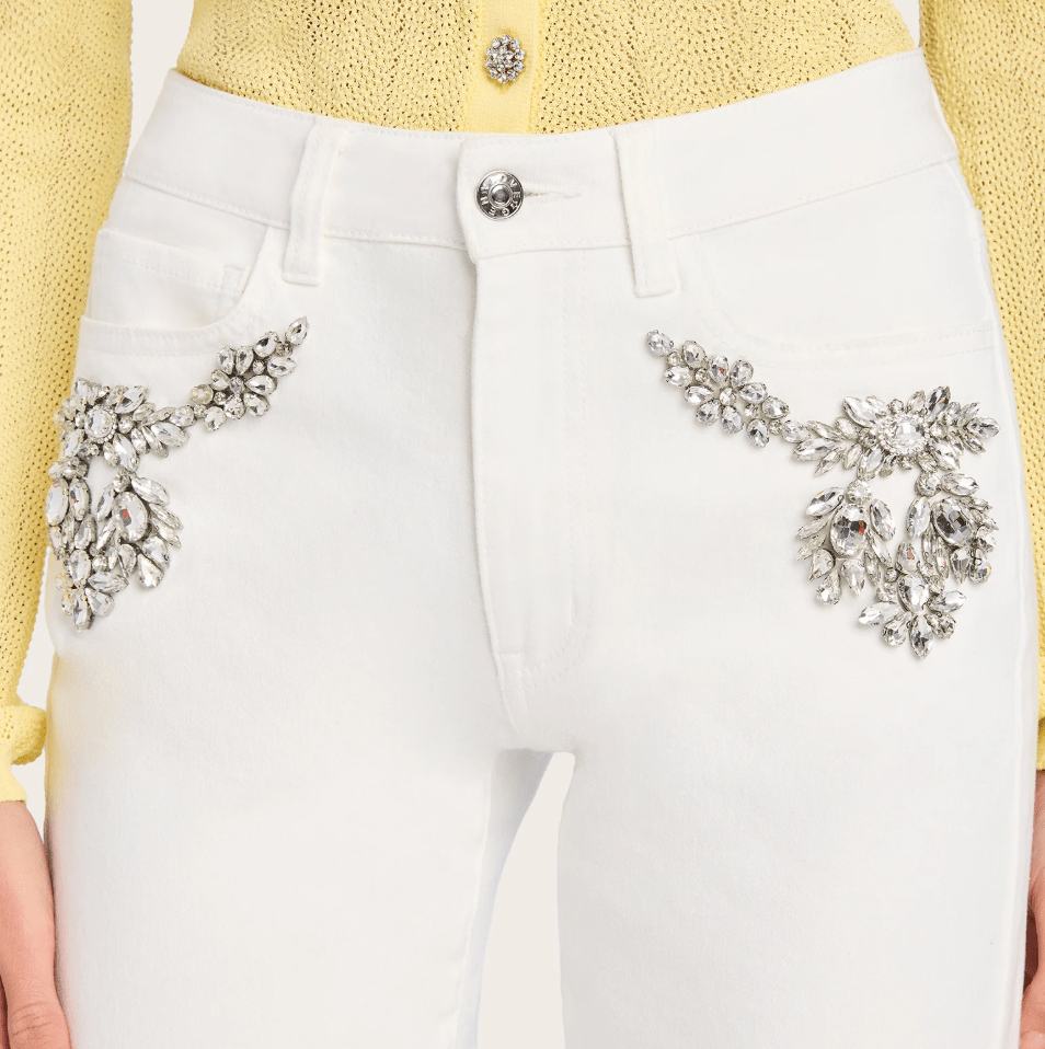 White Carolyn Crystal Denim Pants - Amor Lafayette