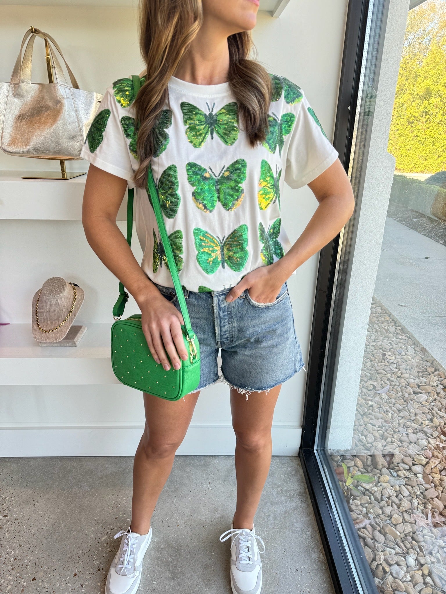 White & Green Scattered Butterfly Tee - Amor Lafayette