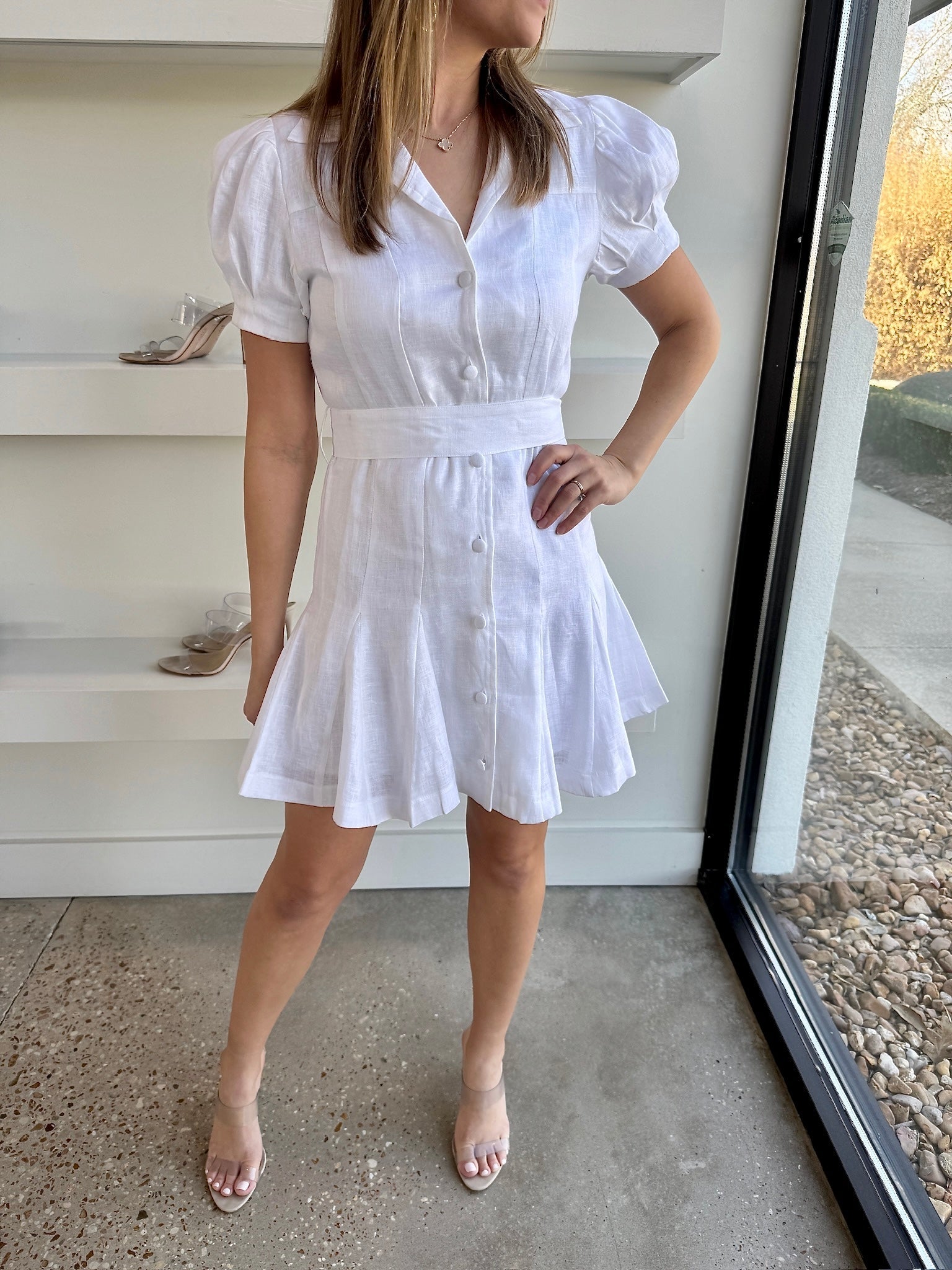 White Linen Belted Dress - Amor Lafayette