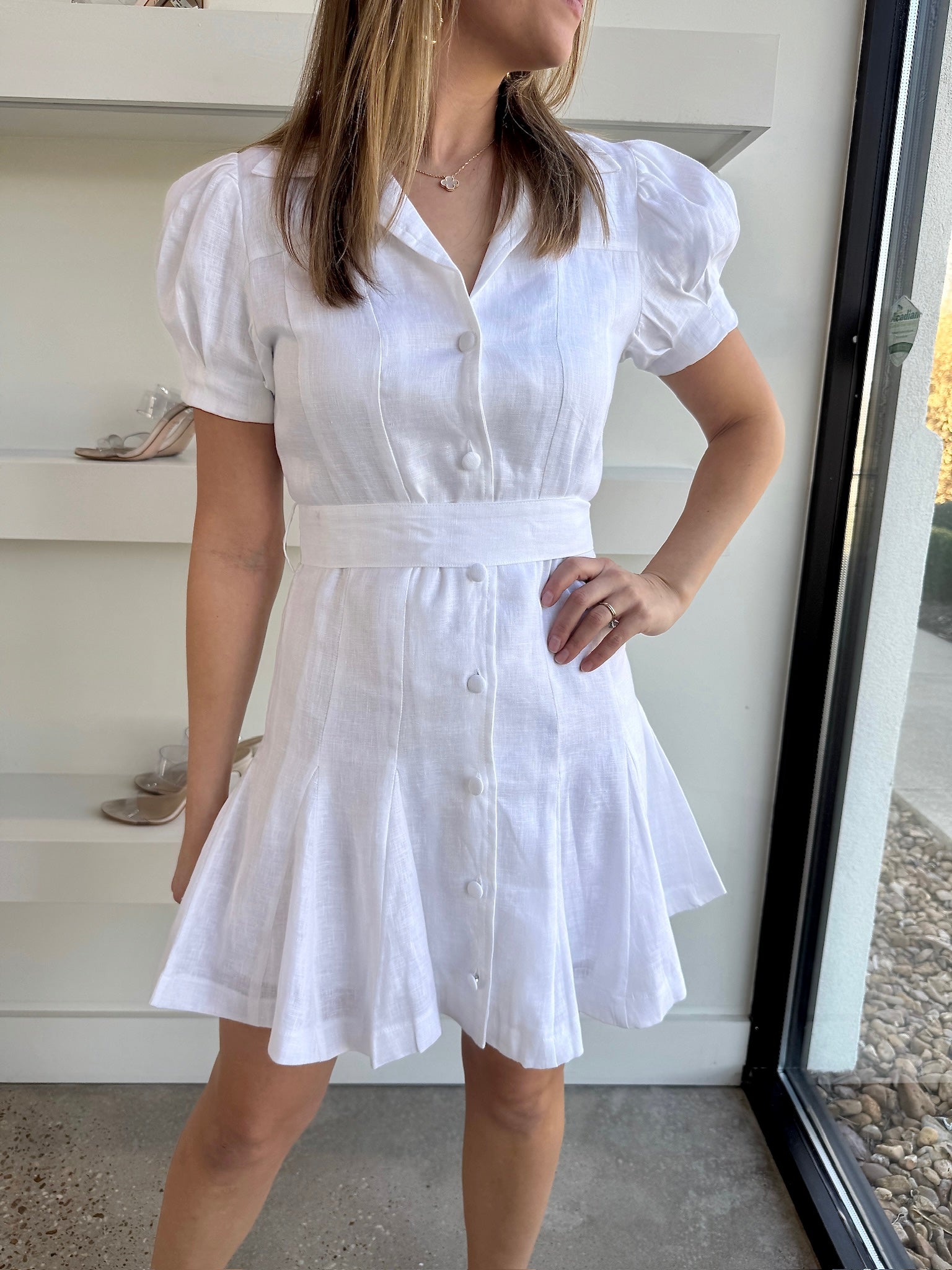 White Linen Belted Dress - Amor Lafayette