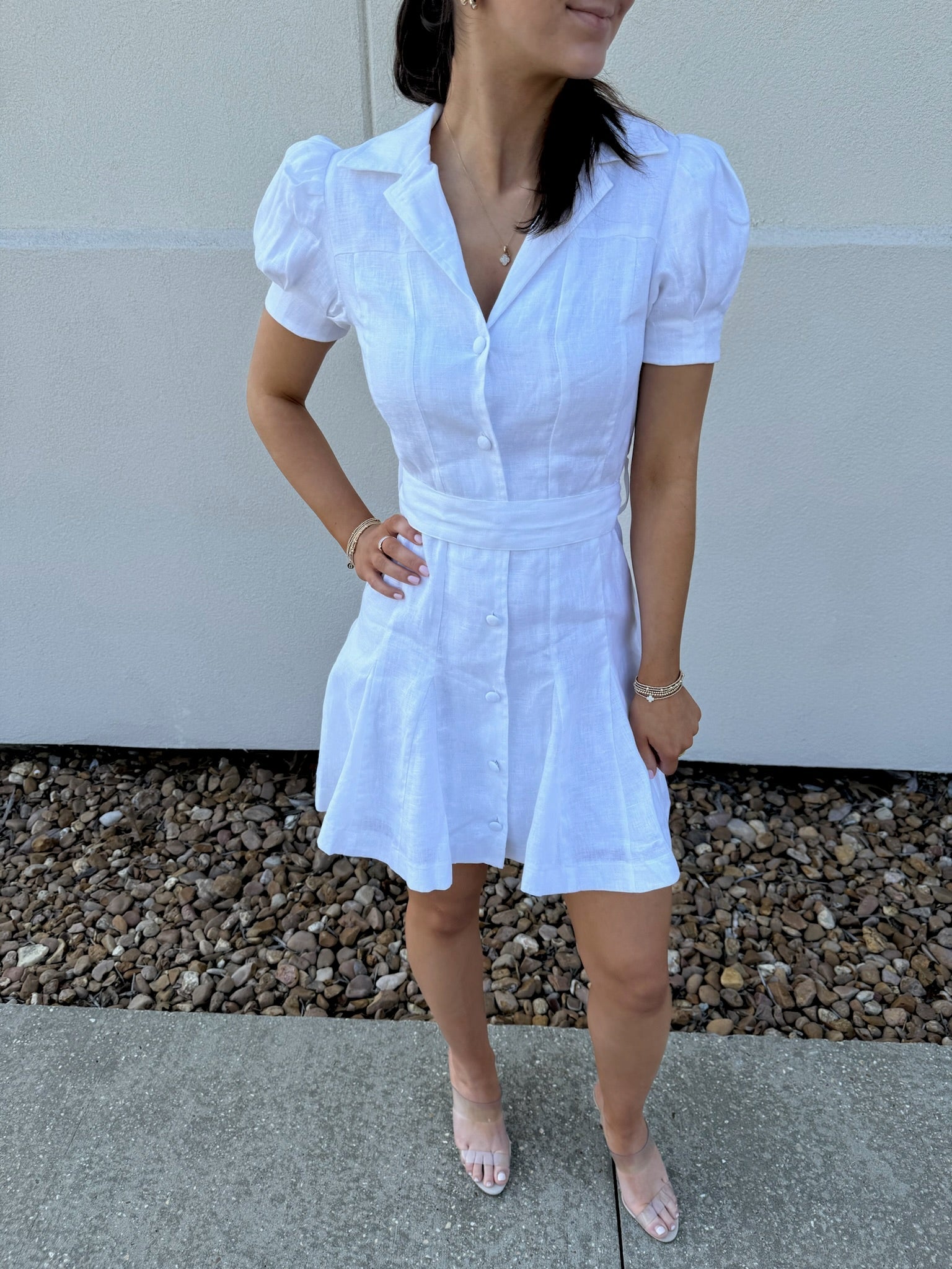 White Linen Belted Dress - Amor Lafayette