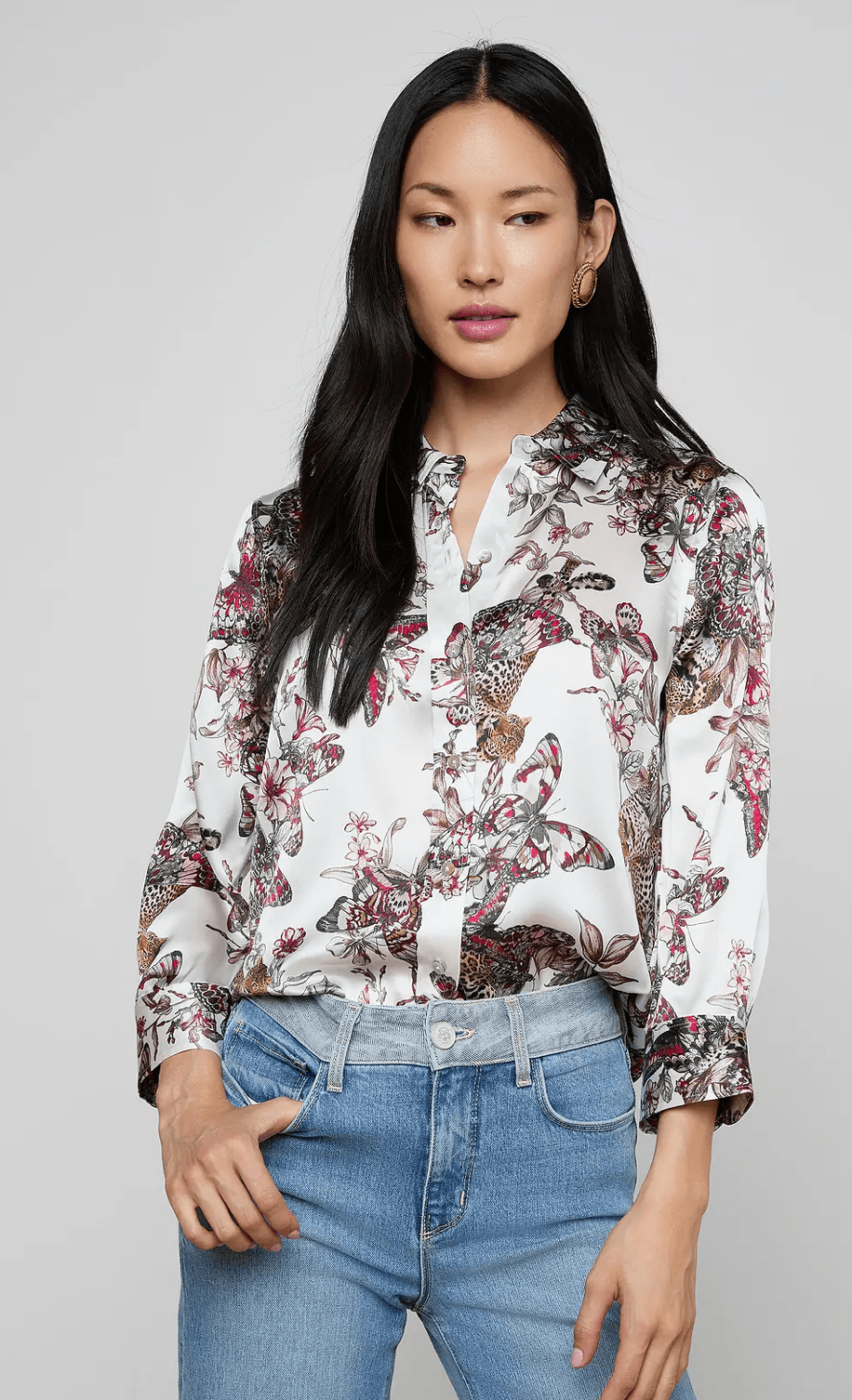 White Multi Butterfly Dani 3/4 Sleeve Blouse - Amor Lafayette