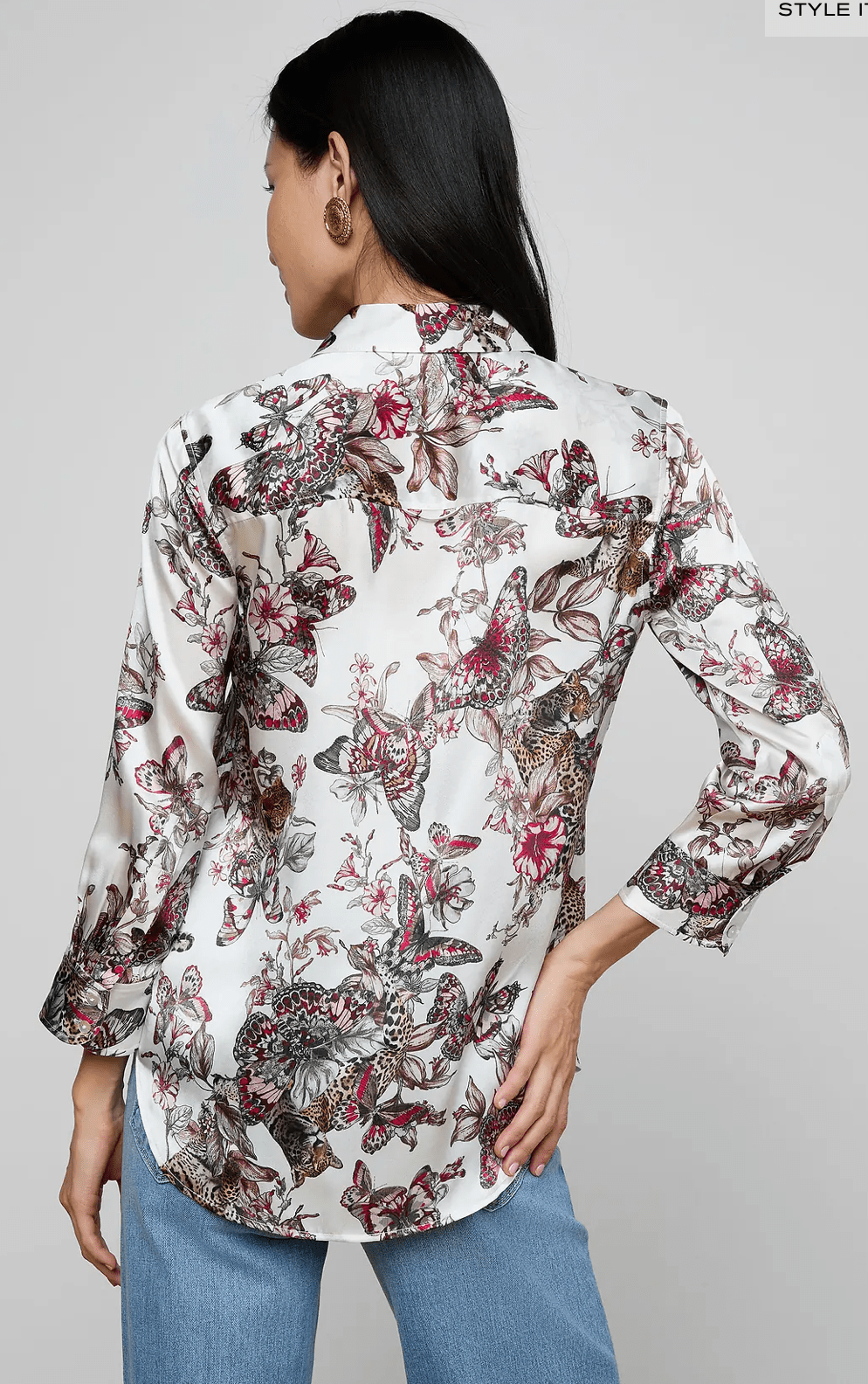 White Multi Butterfly Dani 3/4 Sleeve Blouse - Amor Lafayette