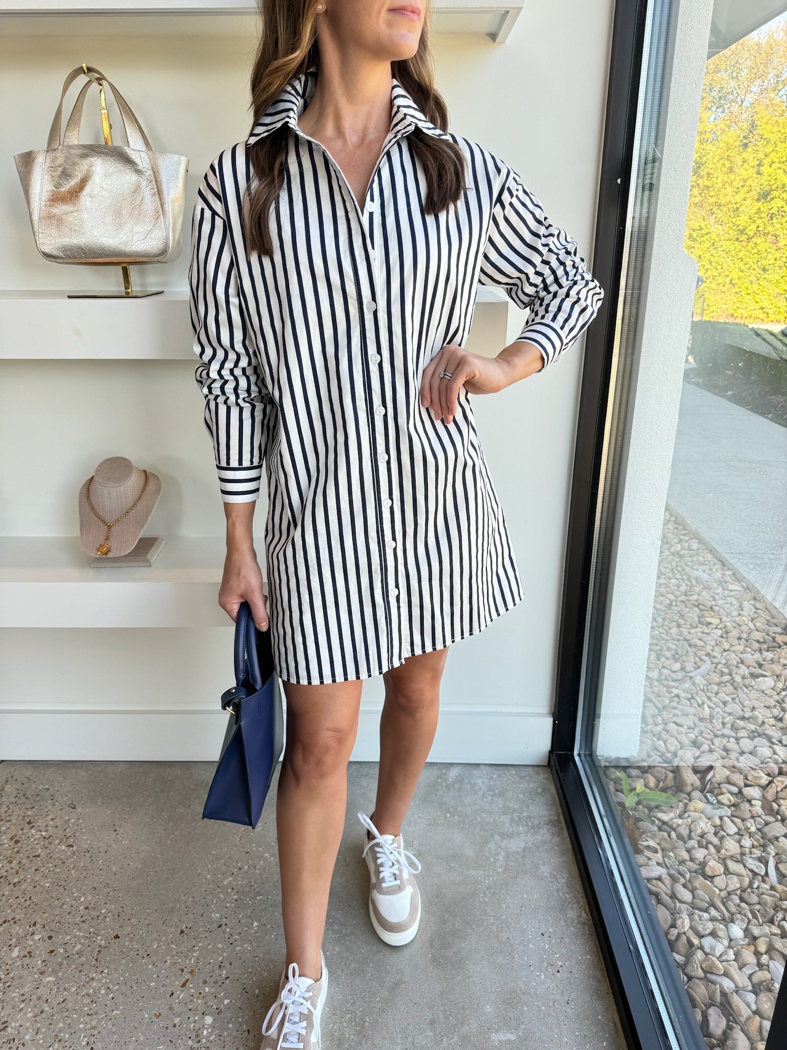White Navy Collar Button Up Dress Long Sleeve - Amor Lafayette