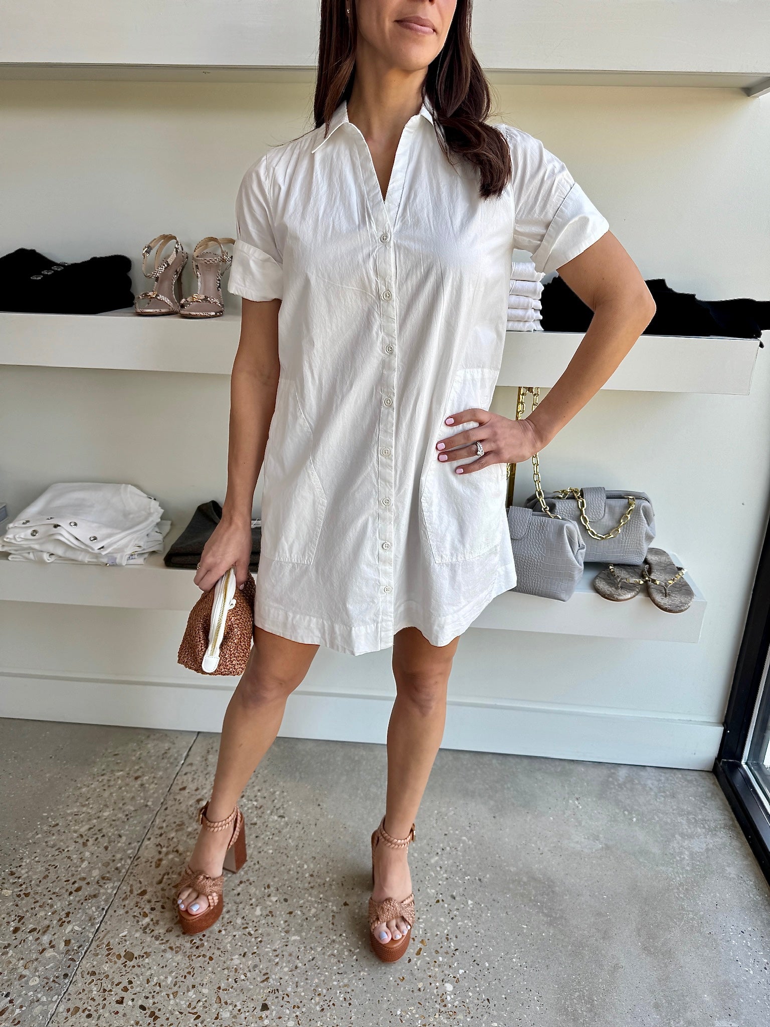 White Shirred Sleeve Shirt Dress - Amor Lafayette