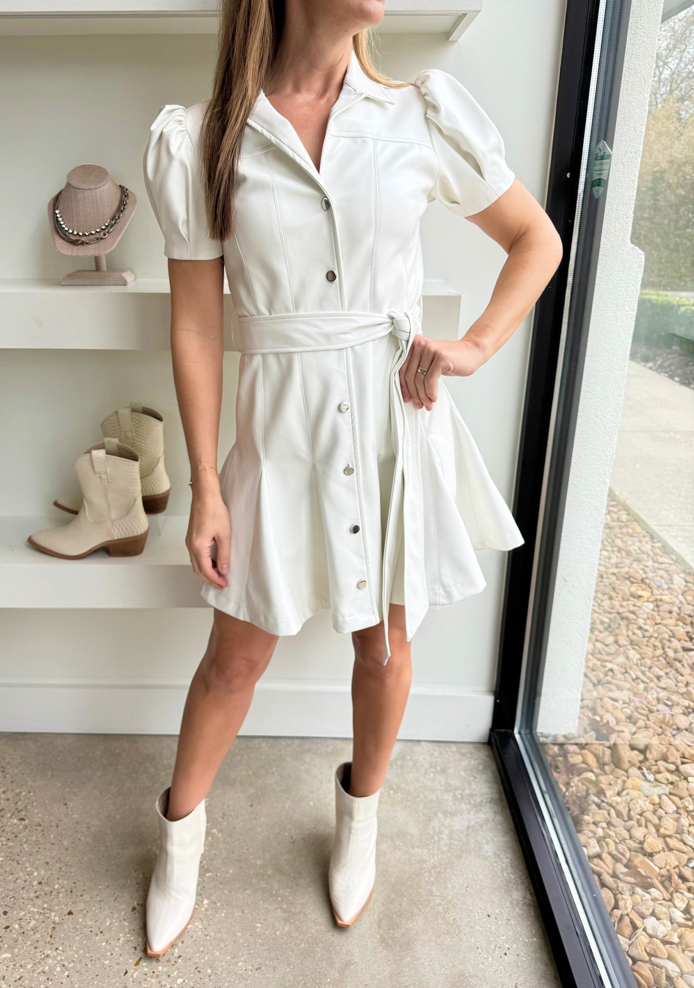 White S/S Vegan Leather Belted Dress - Amor Lafayette