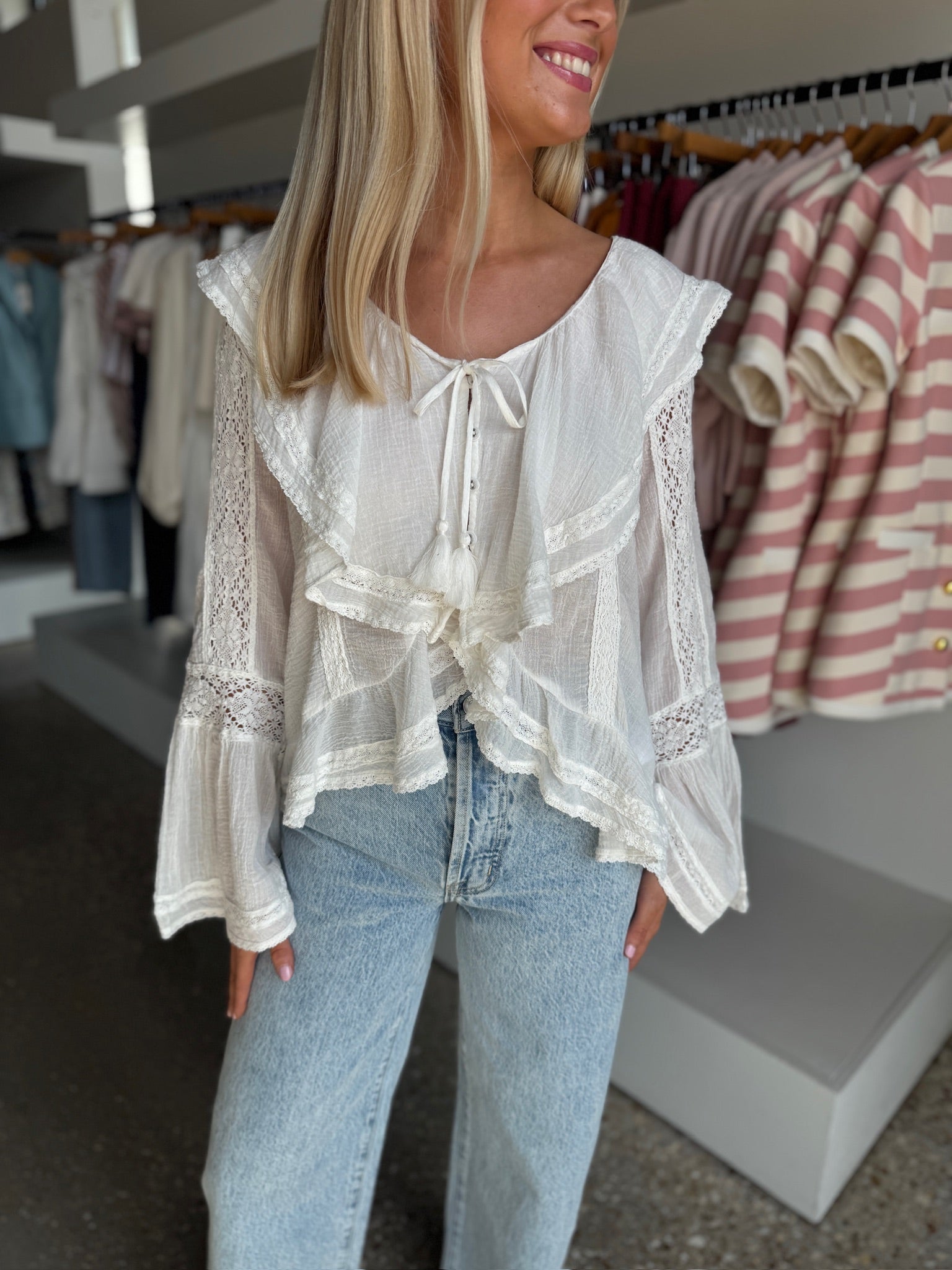 White V Neck Ruffle Top - Amor Lafayette