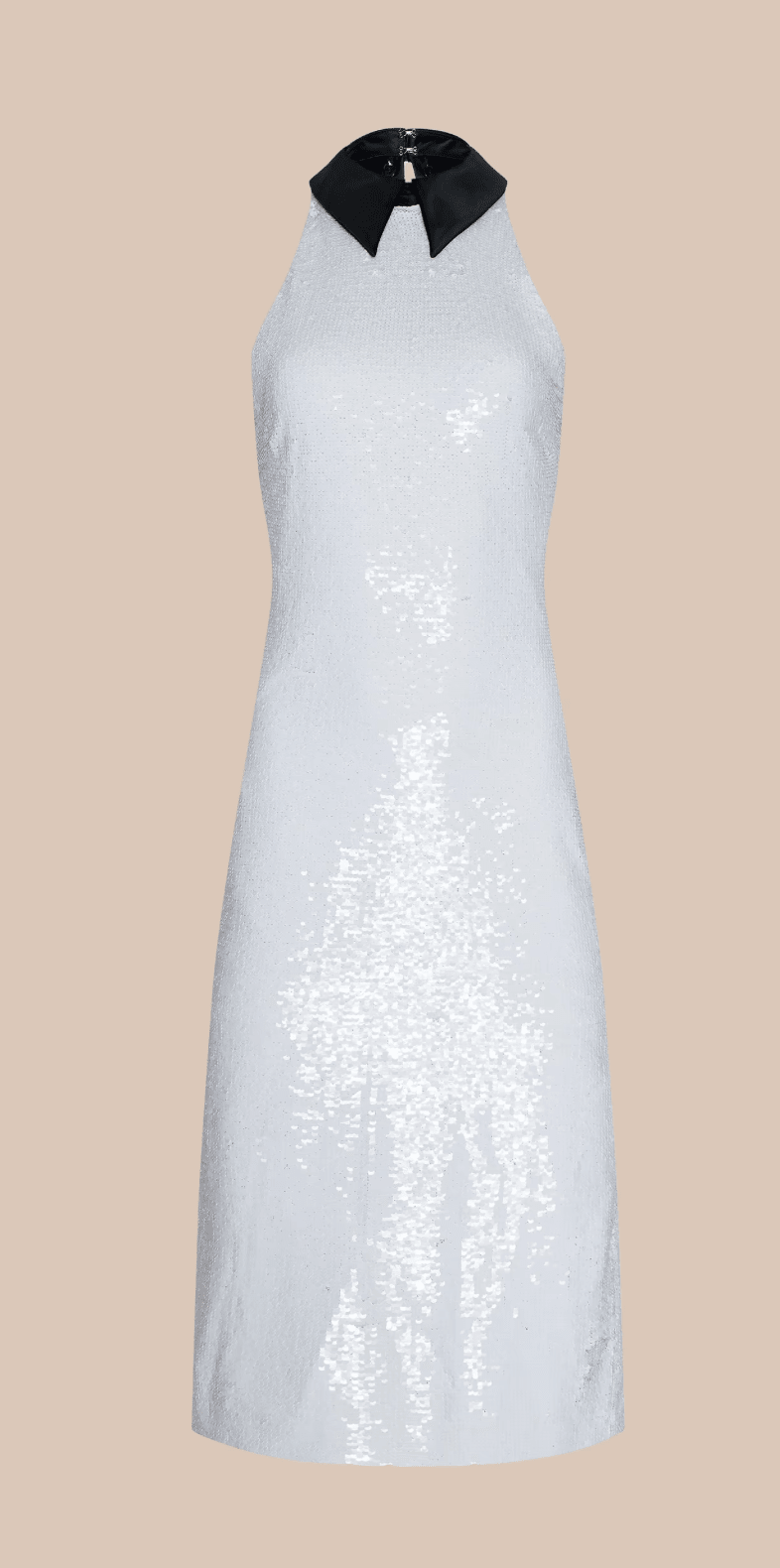 black sequin dress with white collar Black Sequin High-Neck Gown With White Collar Detail
