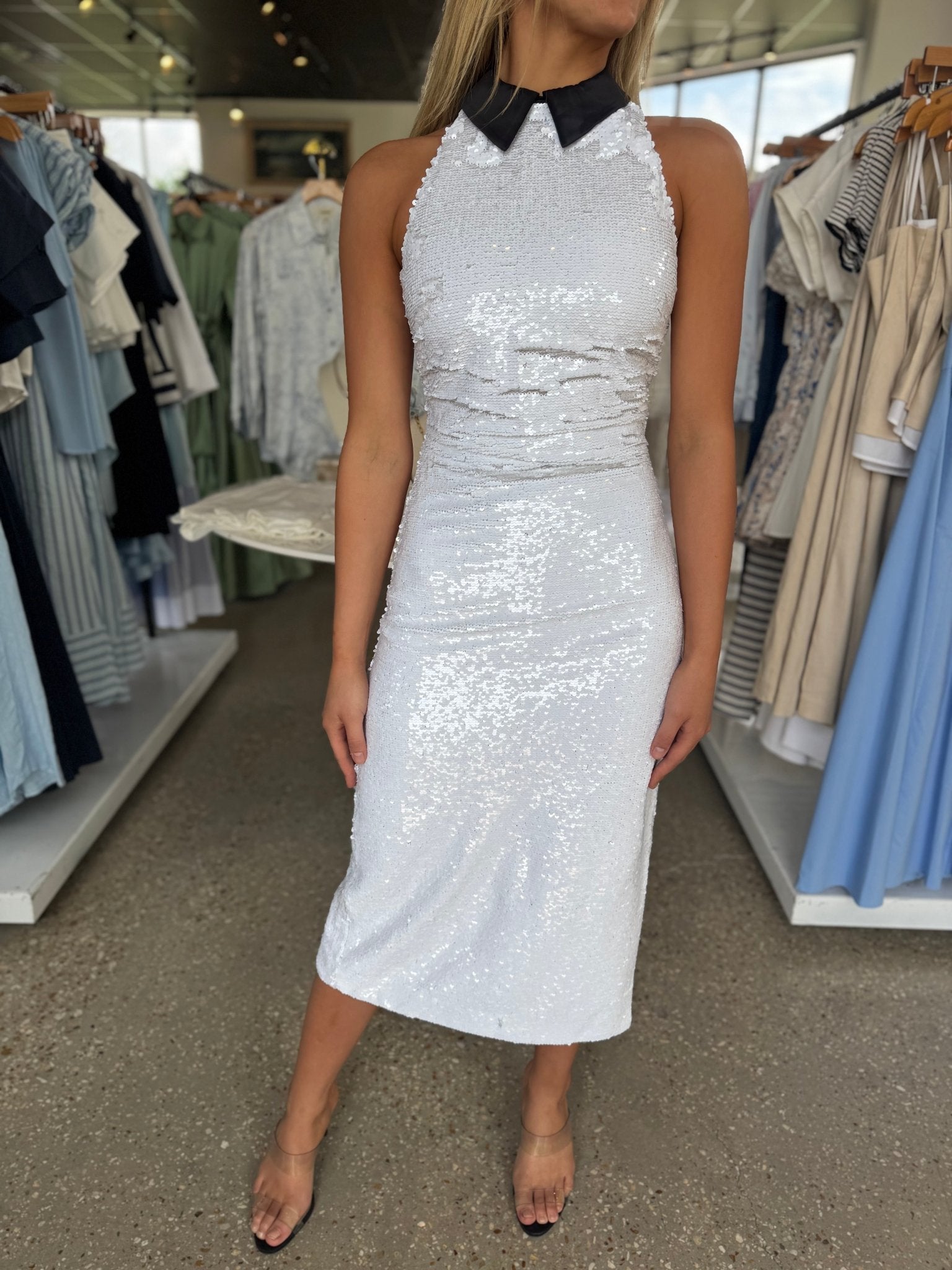 White/Black Lilith Sequin Collar Dress - Amor Lafayette