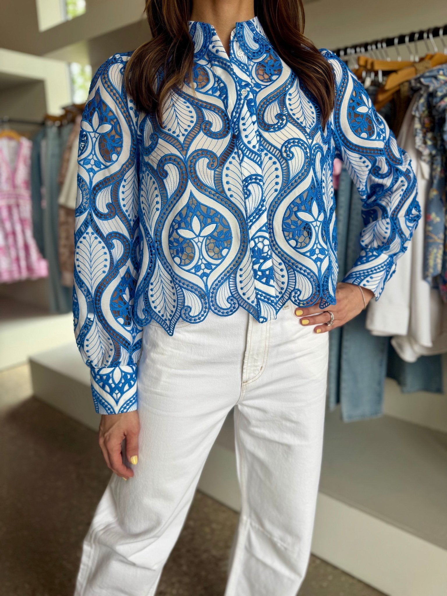 White/French Blue Lace Emmie Top - Amor Lafayette