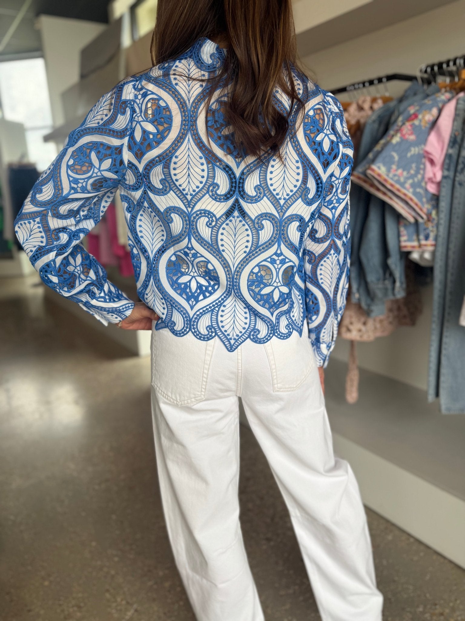 White/French Blue Lace Emmie Top - Amor Lafayette