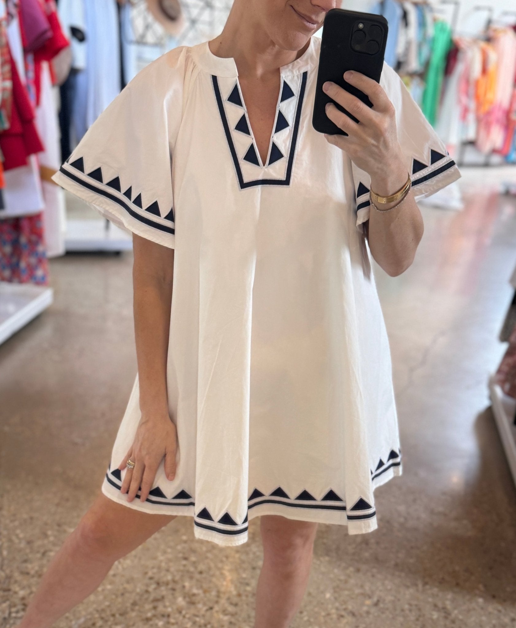 White/Navy Triangle Patch Poplin Dress - Amor Lafayette