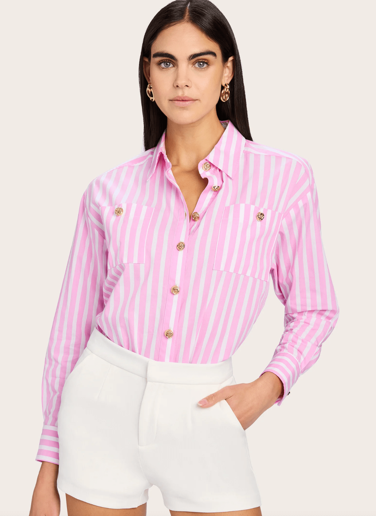 White/Pink Meggy Wide Stripe Poplin Shirt - Amor Lafayette