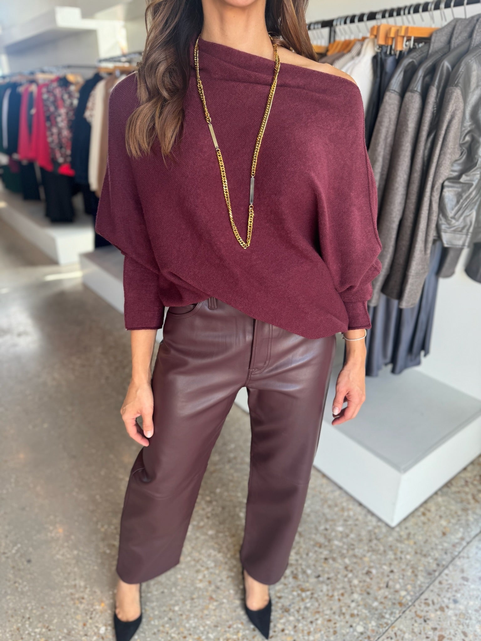 Wine Asymmetrical Sweater - Amor Lafayette