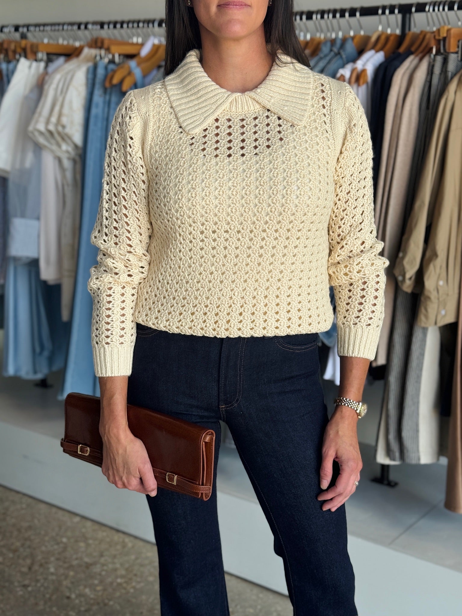Winter White Textured Polo Sweater - Amor Lafayette