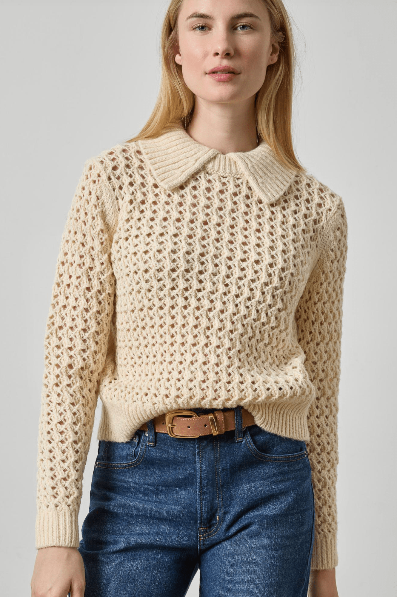 Winter White Textured Polo Sweater - Amor Lafayette